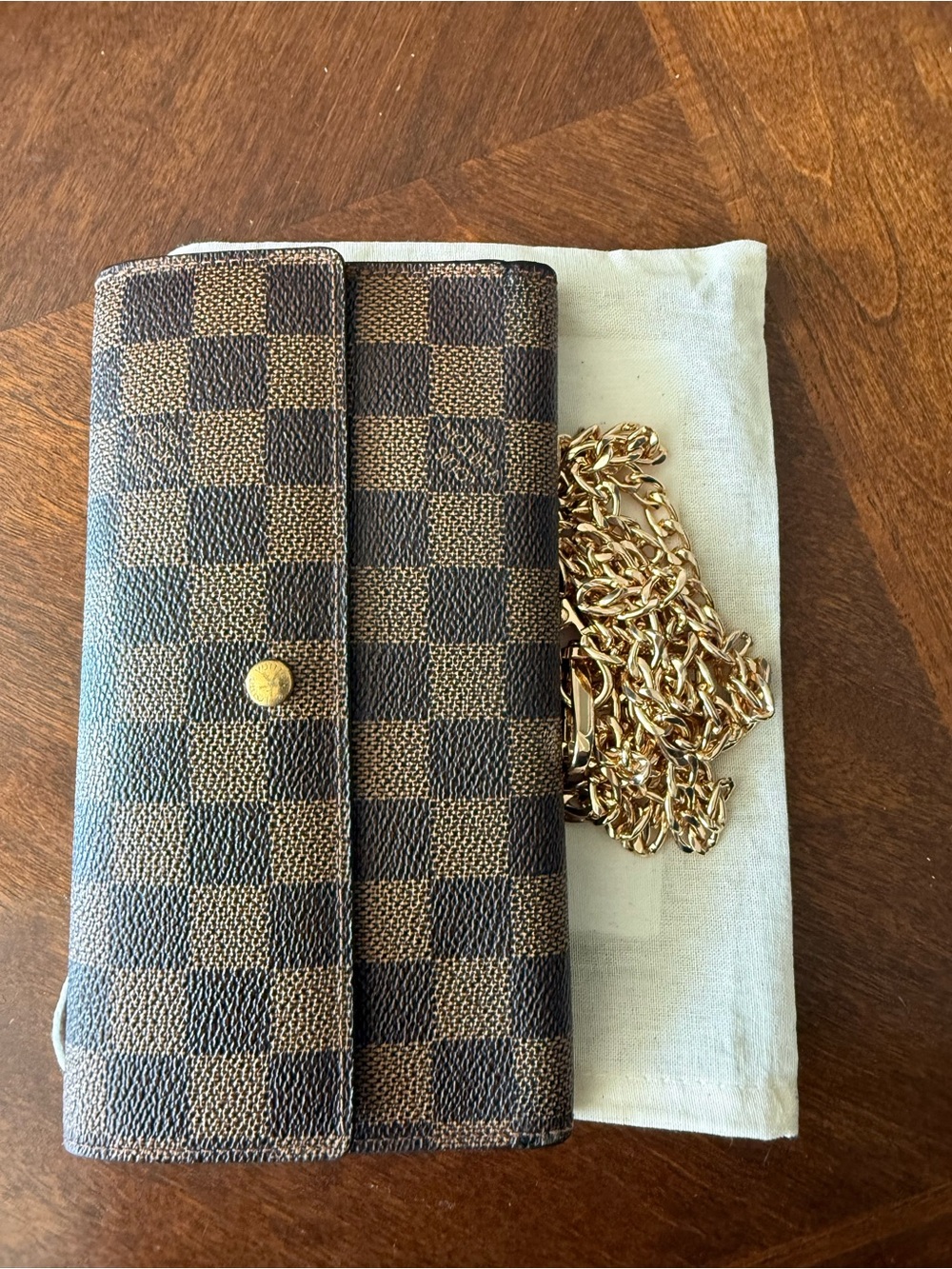 Louis Vuitton Brown Checkered Wallet with Gold Chain Strap